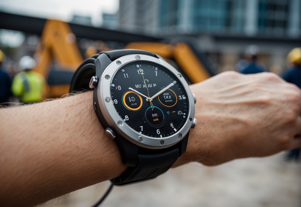 A smart watch with reinforced casing withstands impact and extreme conditions on a construction site