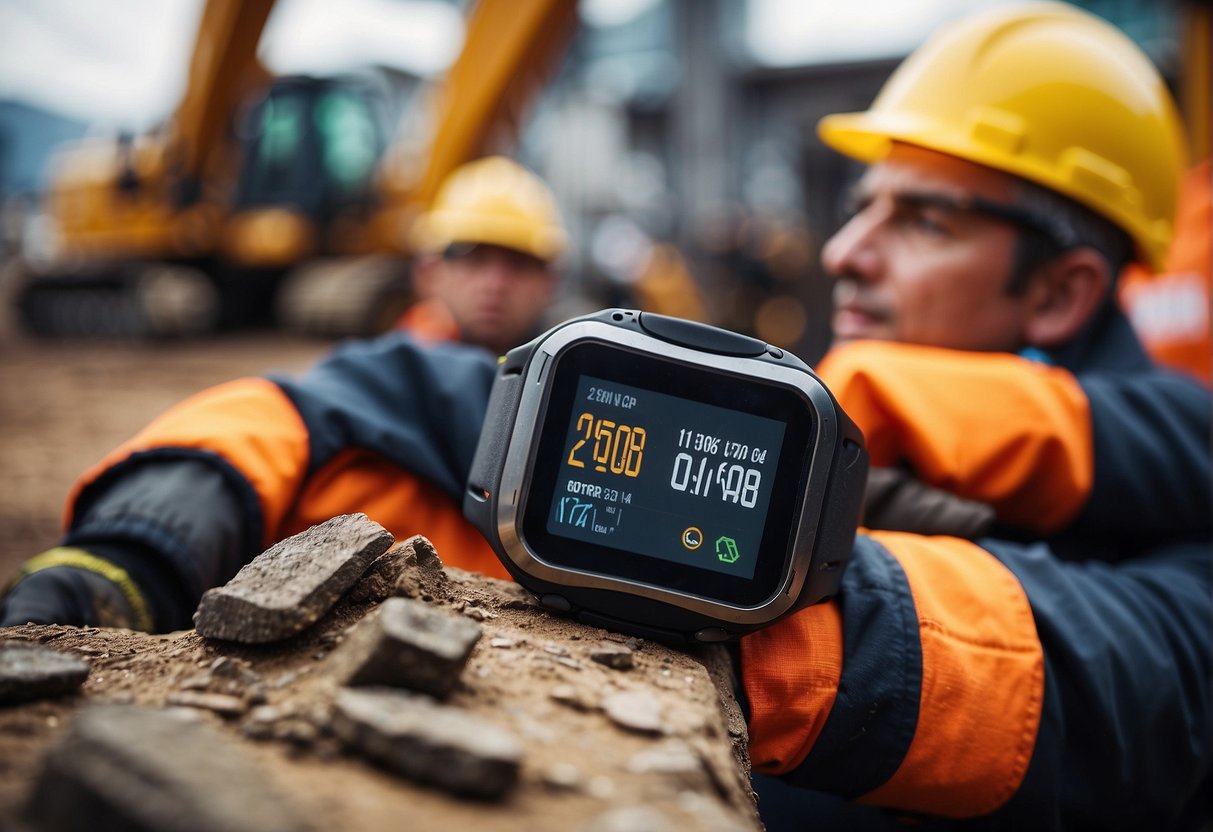 A group of rugged smart watches for construction workers, displaying long battery life and efficient power management, amidst a bustling construction site