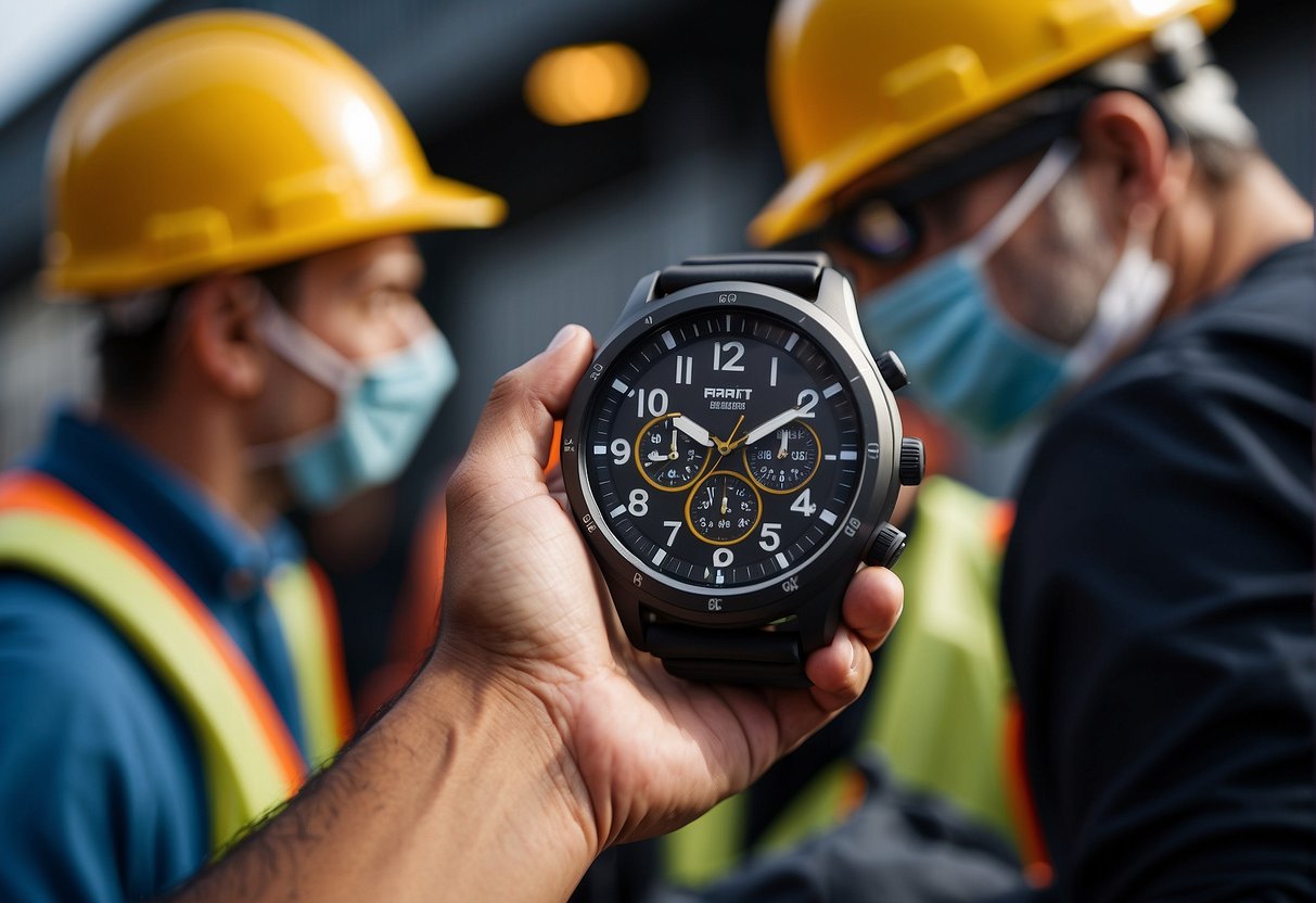 A group of construction workers wearing durable smart watches, easily accessing real-time data and notifications on their wrists