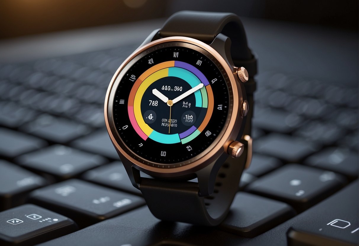 A smartwatch with the longest battery life in 2024, surrounded by various factors that influence its longevity, such as efficient power management, advanced battery technology, and low-energy consumption features