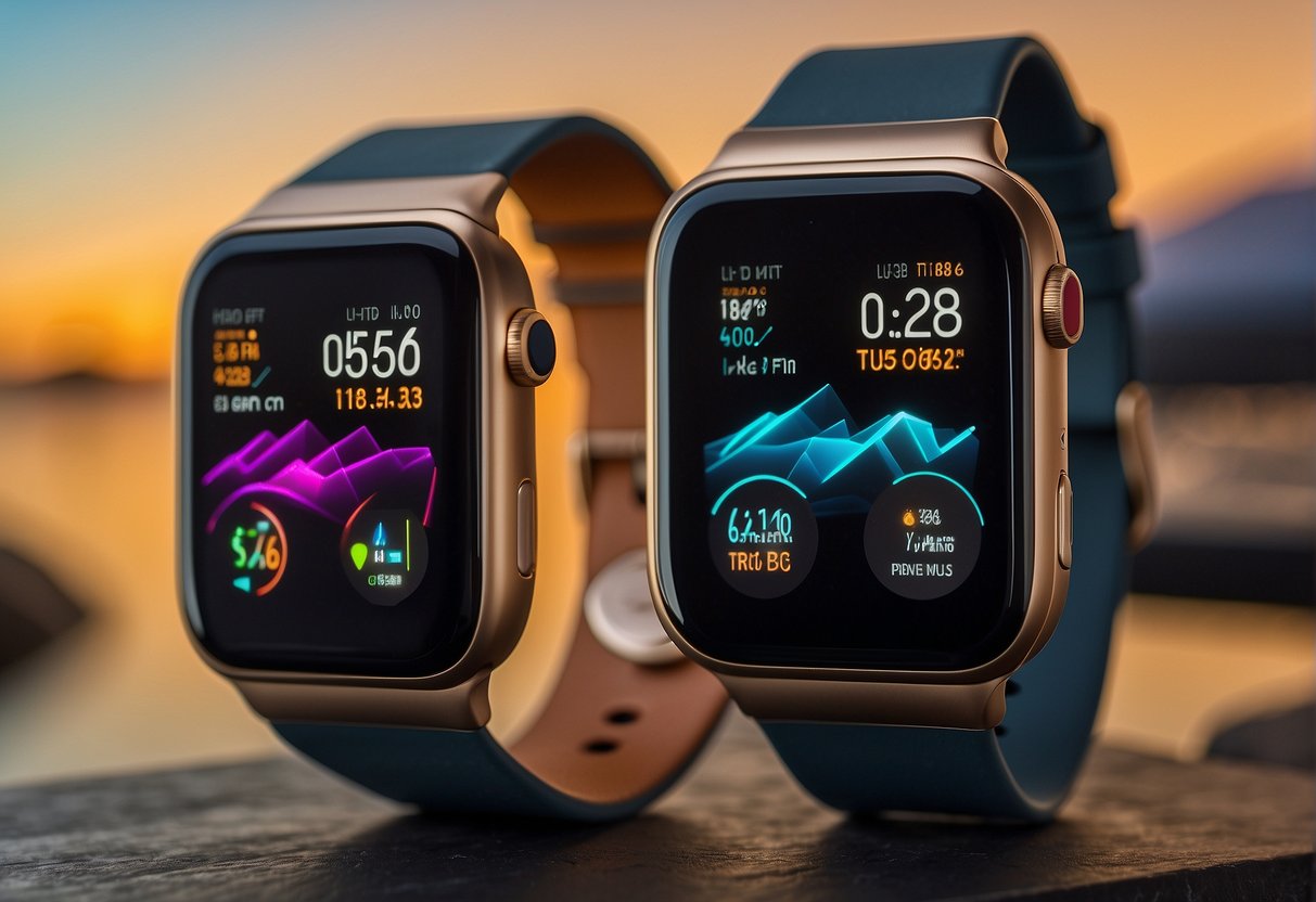 A lineup of top smartwatches on a sleek display, each showing impressive battery life stats, with vibrant screens and modern designs