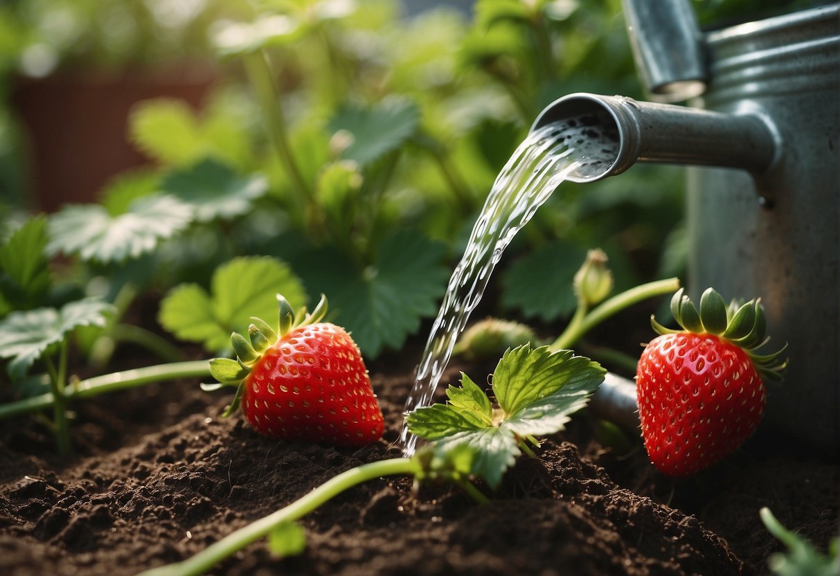 Strawberries being watered in a garden, with a watering can or hose, surrounded by green leaves and soil