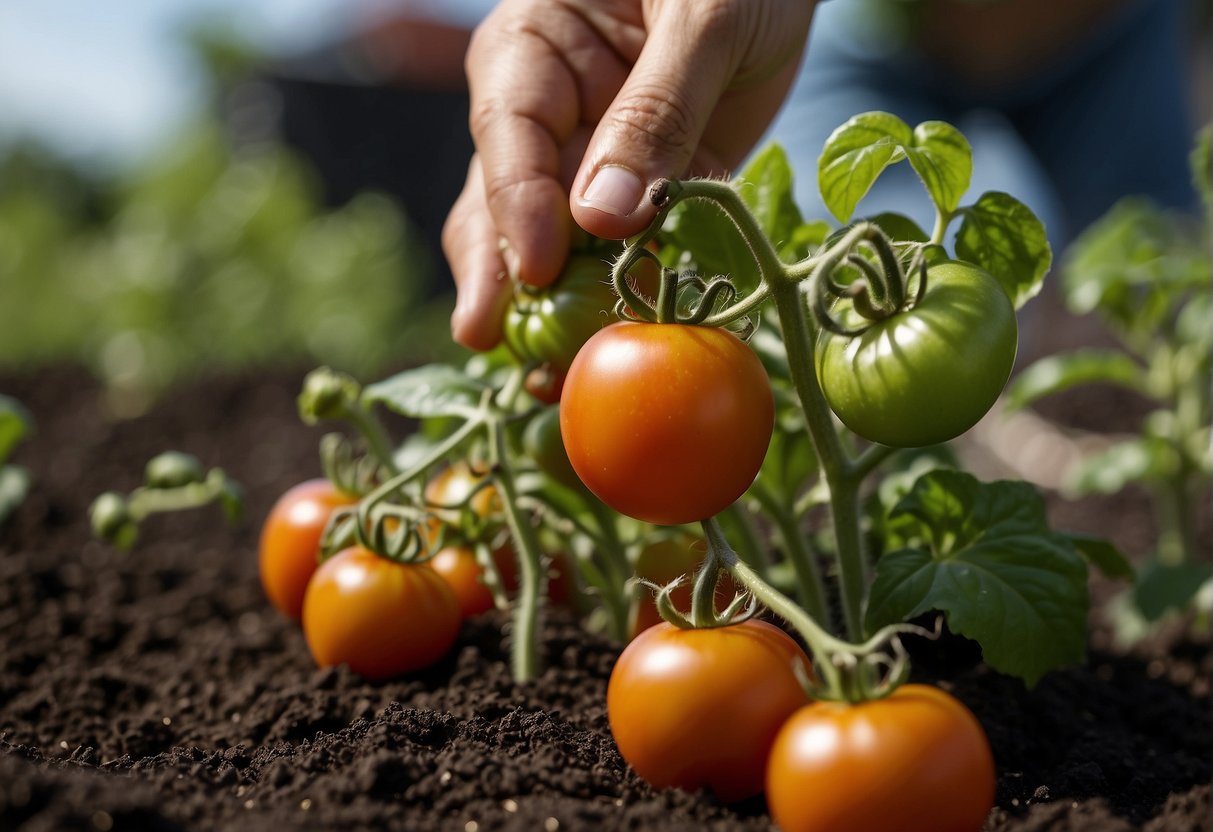 Tomato plants receive regular fertilization with a gardener's hand holding a bag of fertilizer, scattering it around the base of the plants