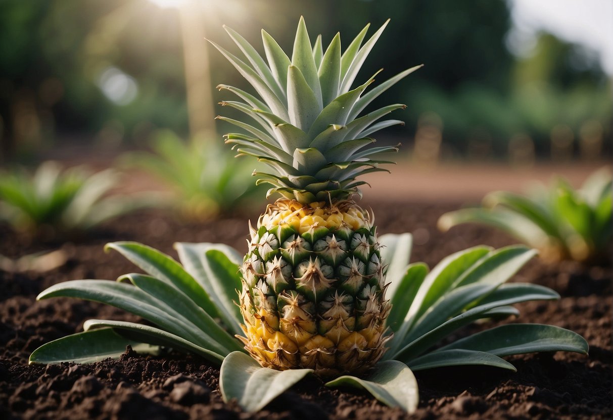 A pineapple plant grows from a small, leafy crown planted in rich, well-draining soil with plenty of sunlight and regular watering