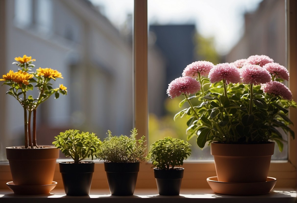 A potted mum sits on a sunny windowsill, receiving water and fertilizer regularly. The soil is well-drained, and the plant is kept away from drafts and extreme temperatures