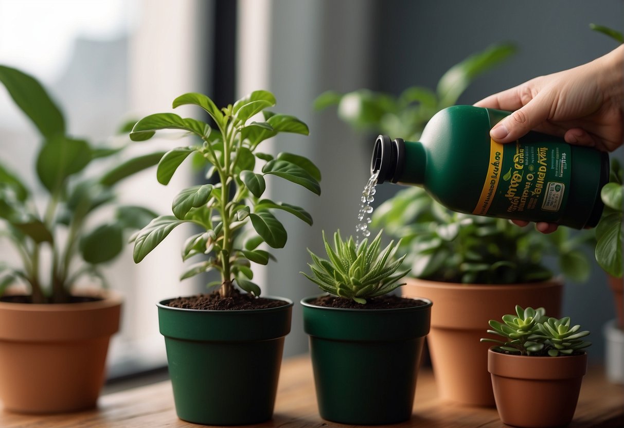 A hand pouring Miracle Gro onto a potted plant