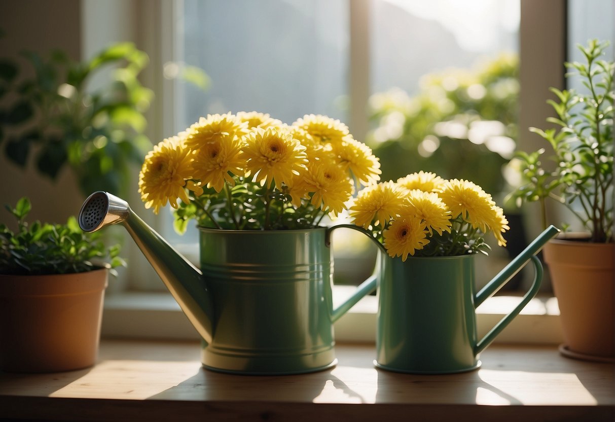 Bright room, watering can, healthy potted mums, sunlight, and fertilizer nearby