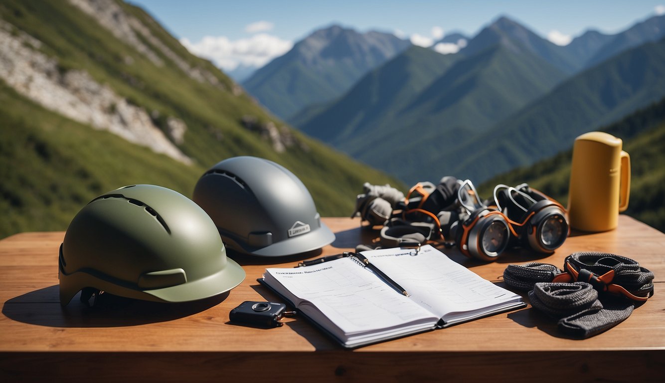 A table with various climbing helmets, a guidebook, and a checklist. A mountain backdrop and climbing gear scattered around