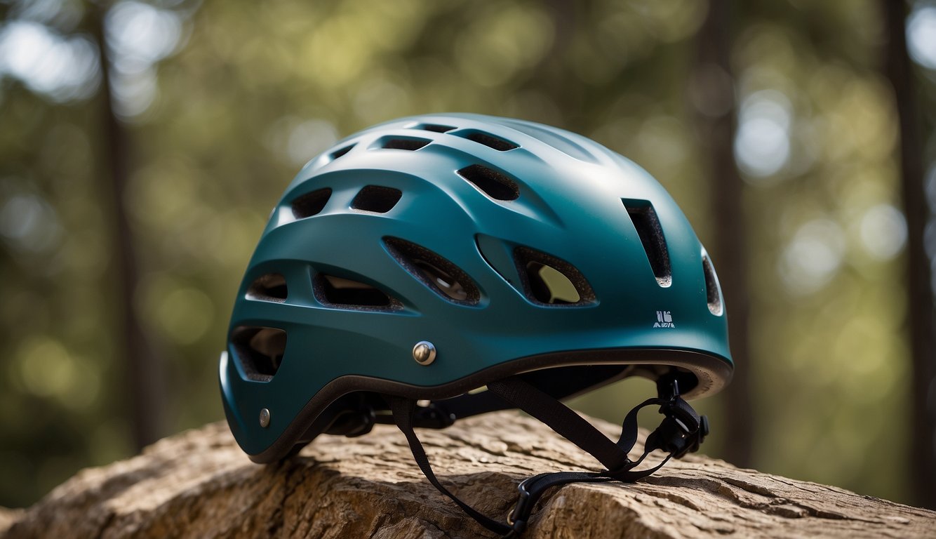 A climbing helmet displayed with adjustable straps, ventilation holes, and a durable outer shell