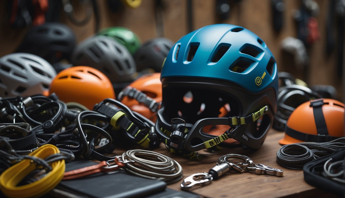 A climber selects a helmet from a display, surrounded by ropes, carabiners, and climbing gear. A guidebook sits nearby, open to a page on helmet selection