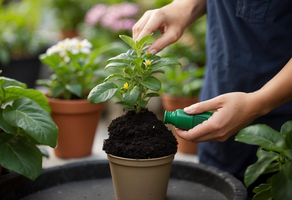 A hand holding a bag of Miracle-Gro, pouring it onto a potted plant. The plant is thriving with lush green leaves and vibrant flowers