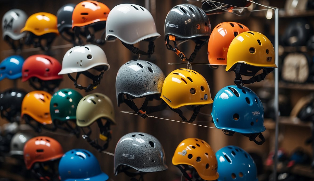 A display of various climbing helmets, with labels and descriptions, surrounded by climbing gear and equipment