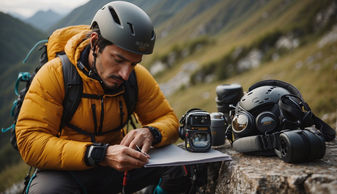 A climber sets out gear, inspects helmet, and reads guidebook