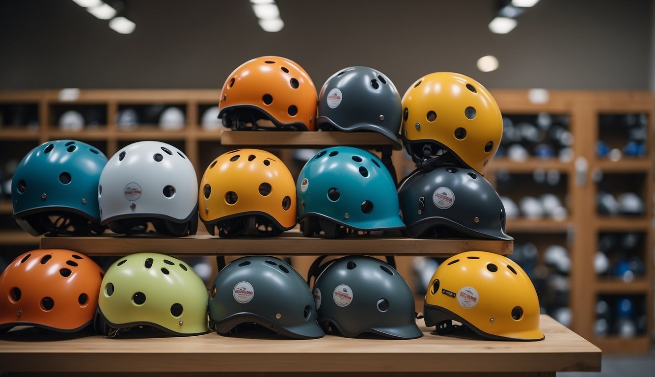 Climbing helmets displayed on shelves with various sizes and colors. A guidebook open on a table, showing different types and features