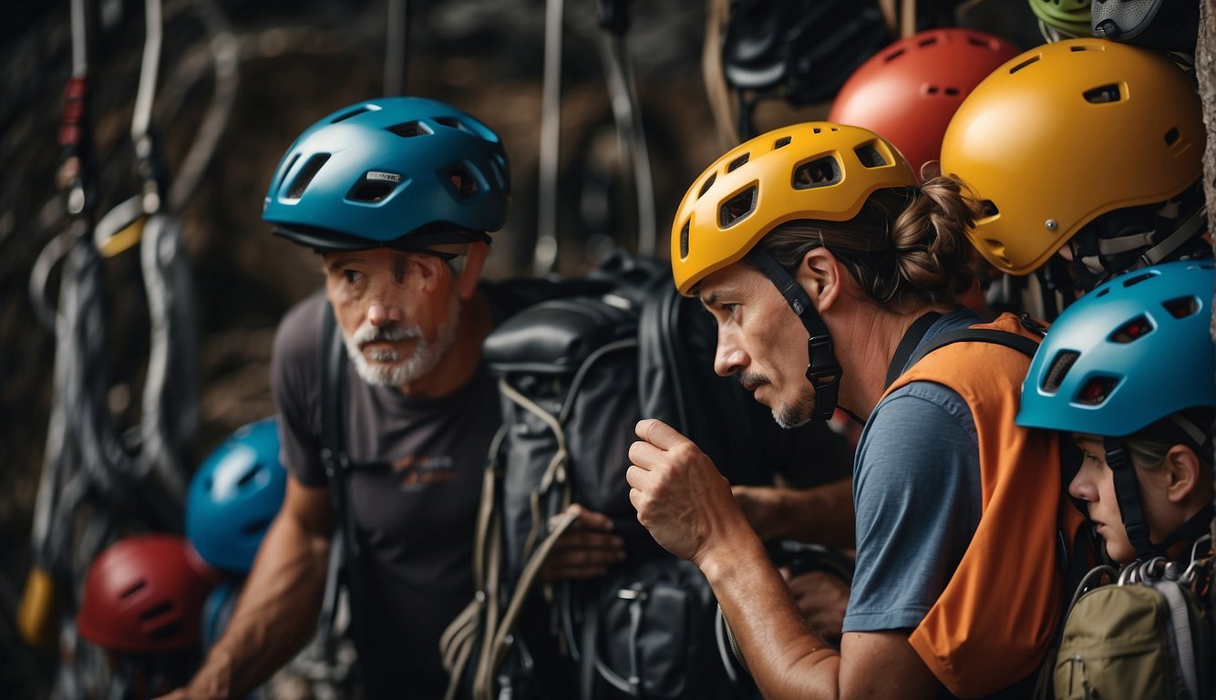 A climber examines different climbing helmets, comparing features and fit for their next adventure