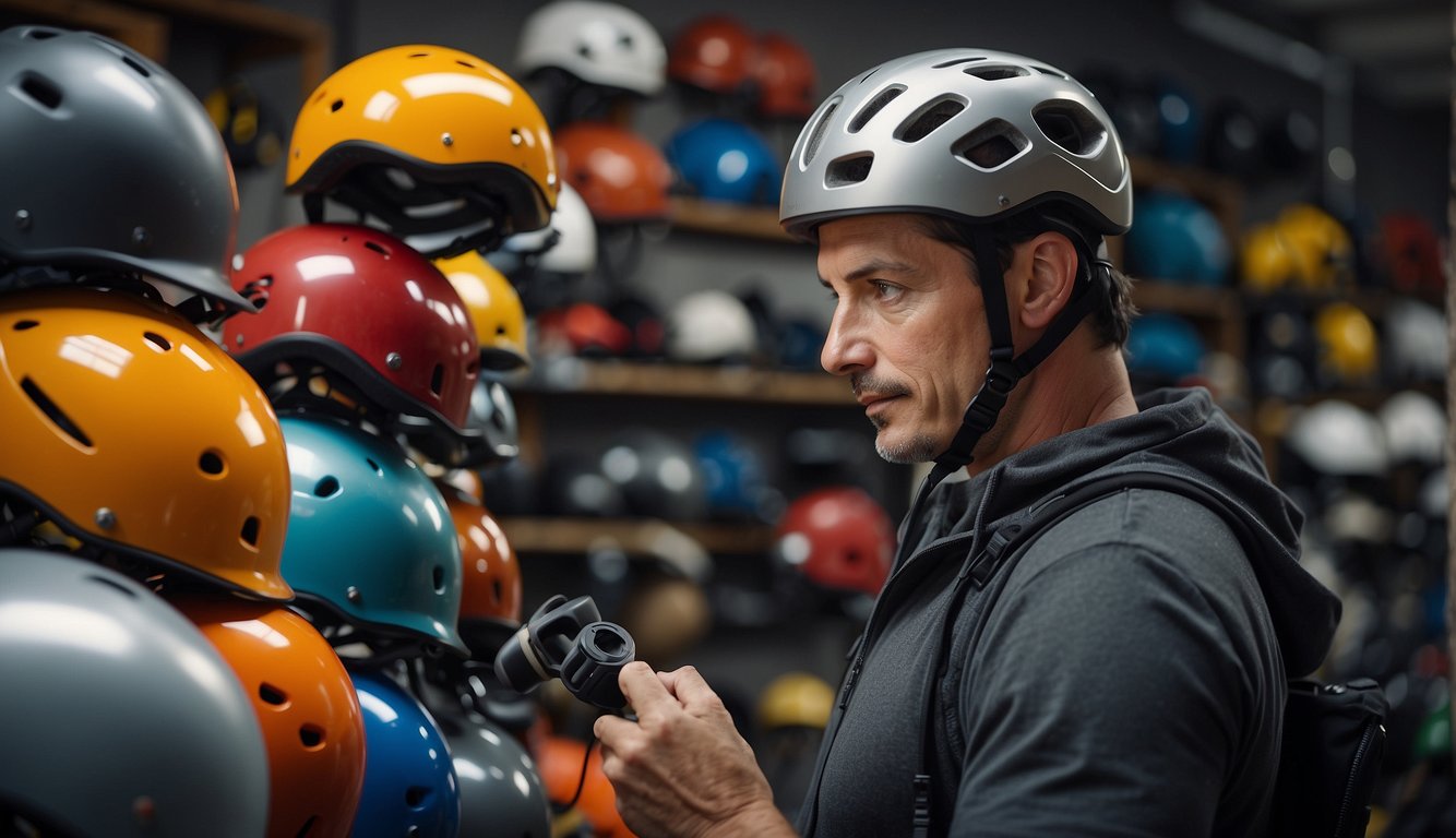 A climber carefully examines various helmet options, comparing features and fit for safety and comfort