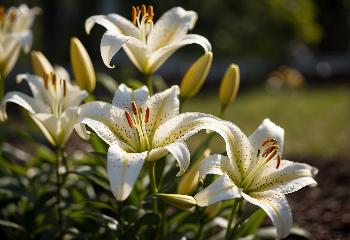 Lilies bloom in a sunny garden. Soil is rich and well-drained. Bulbs are planted 4-6 inches deep. Water regularly and enjoy beautiful, fragrant flowers