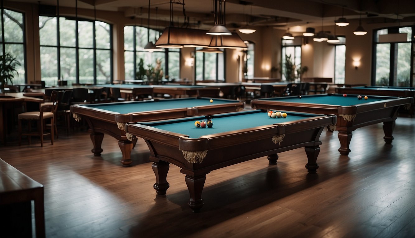 A variety of billiard tables and equipment displayed in a well-lit showroom