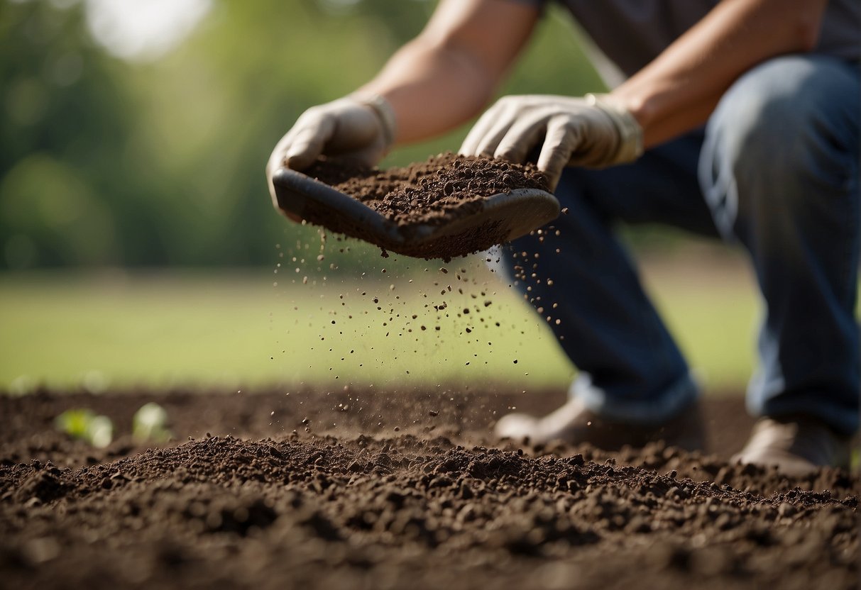 A person pours nitrogen-rich fertilizer onto soil, causing a visible reaction as the soil quickly absorbs the nutrient