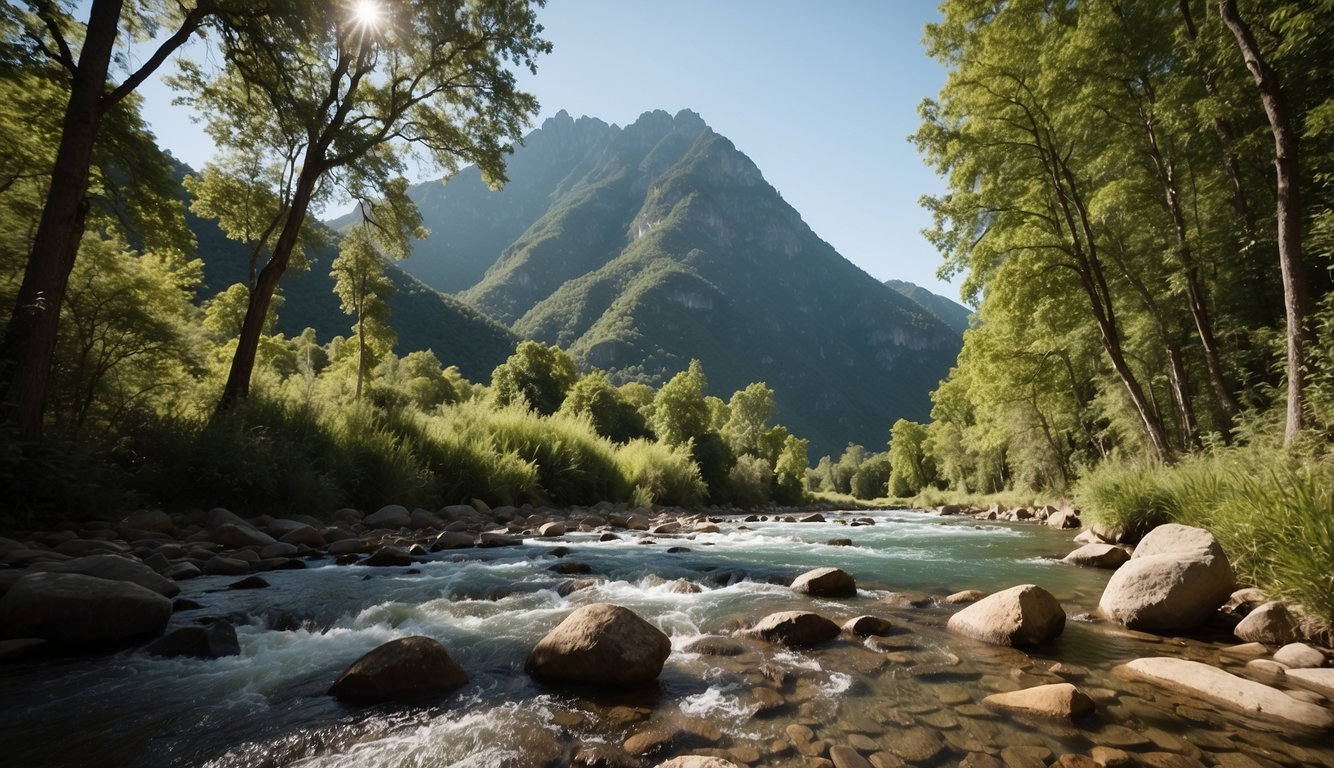 A serene mountain landscape with a tranquil river flowing through it, surrounded by lush greenery and a clear blue sky above