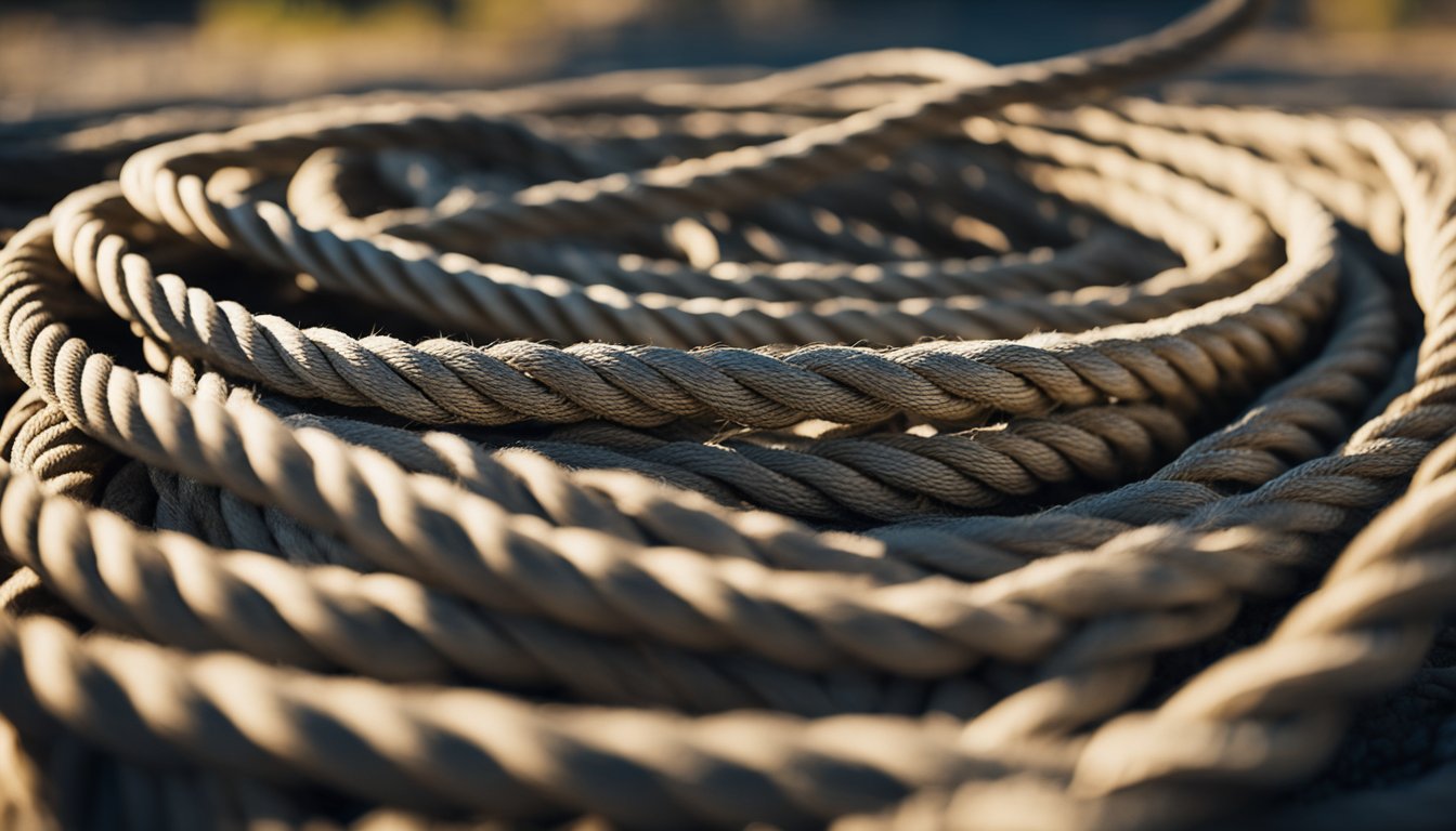 A pile of ropes and slings lay neatly coiled on the ground, ready for use. The sun casts long shadows across the sturdy, weathered materials