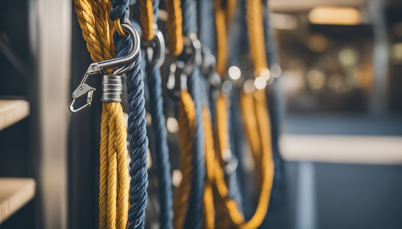 A coiled rope and a set of slings hanging from a metal hook on a wall, with a safety harness and carabiners nearby