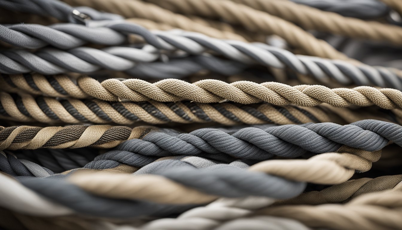 A variety of ropes and slings arranged neatly on a clean, well-lit surface, with clear labeling for each type of equipment