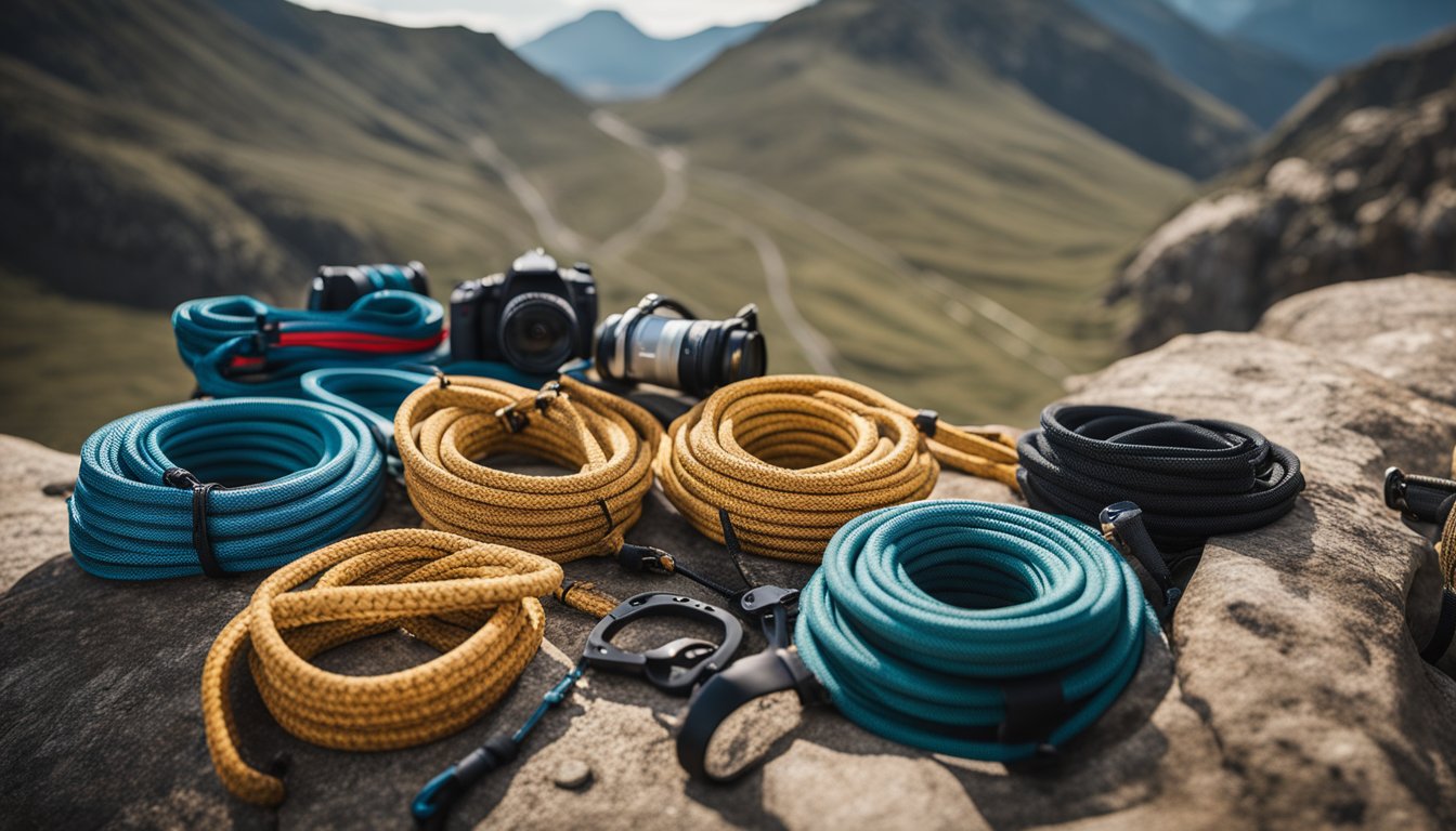 A coil of rope and a variety of slings are laid out on a flat surface, with a backdrop of rugged terrain and climbing gear in the background