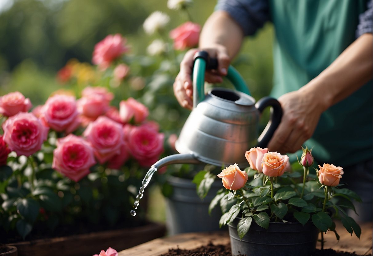 A gardener pours water onto a vibrant bed of roses, carefully tending to each plant with a watering can