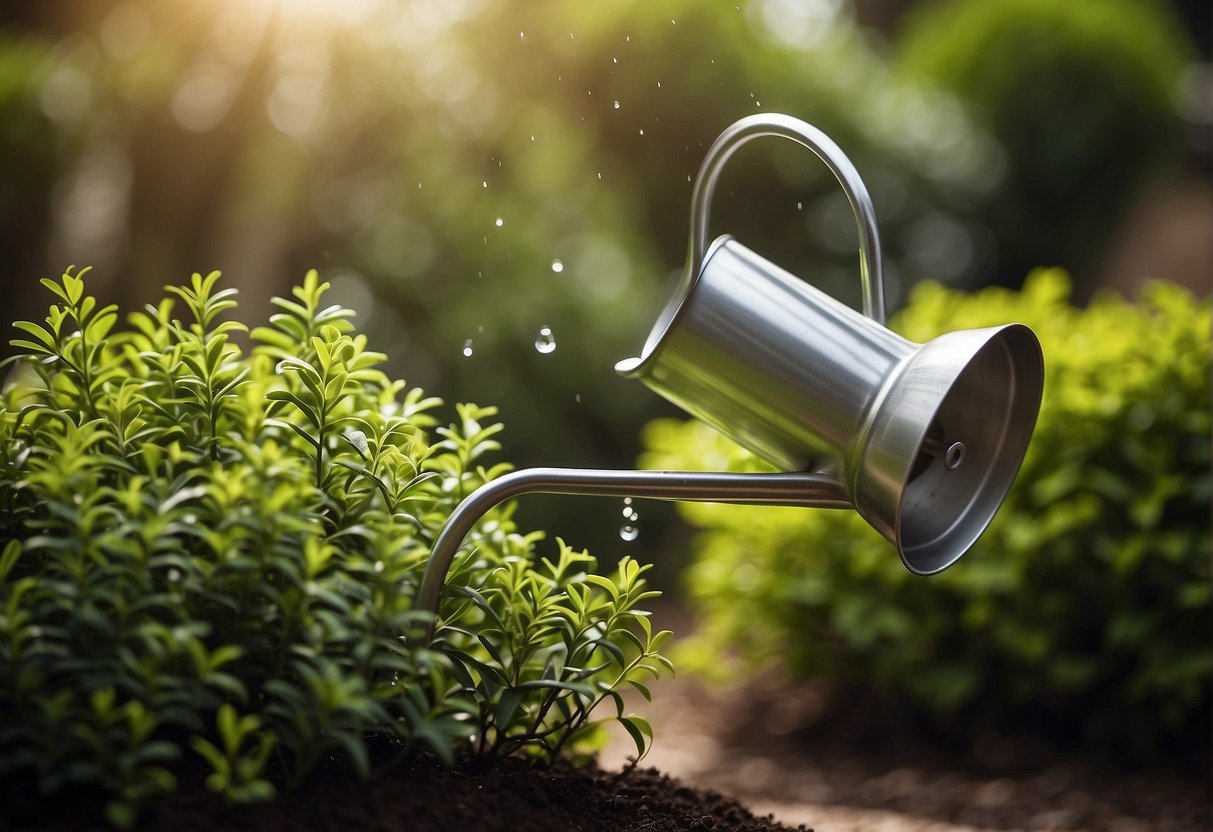 A watering can pours water onto a boxwood plant in a well-maintained garden. The soil is moist but not waterlogged, and the leaves are vibrant and healthy
