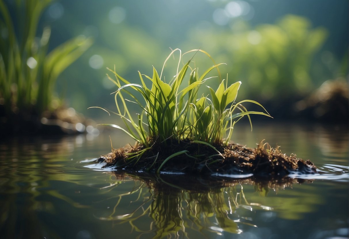 Plants submerged in water with roots reaching down into the soil, surrounded by aquatic vegetation and fish swimming nearby