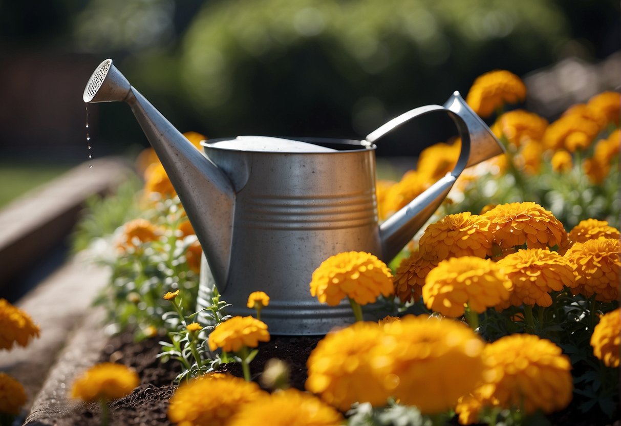 A watering can hovers over a row of marigolds, droplets glistening in the sunlight