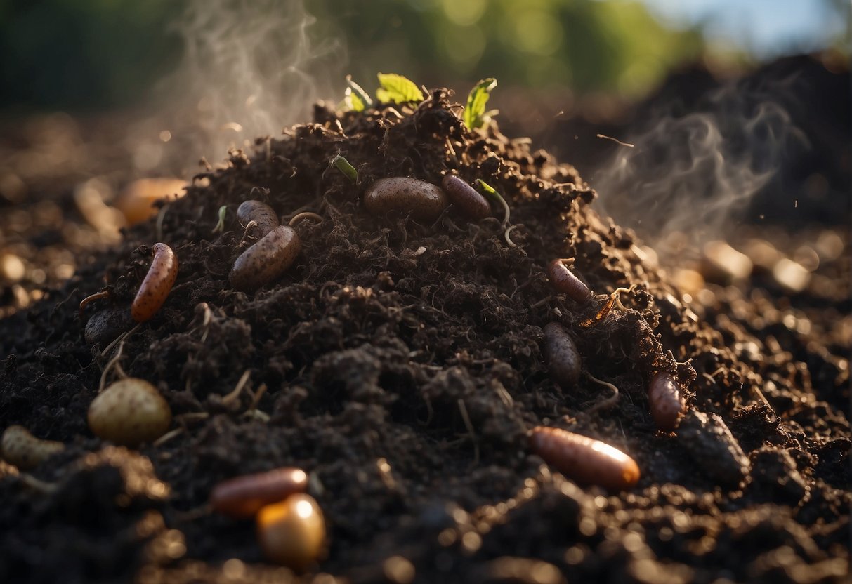 Cow manure composting in a pile, with steam rising and earthworms visible. Over time, the pile breaks down into rich, dark compost