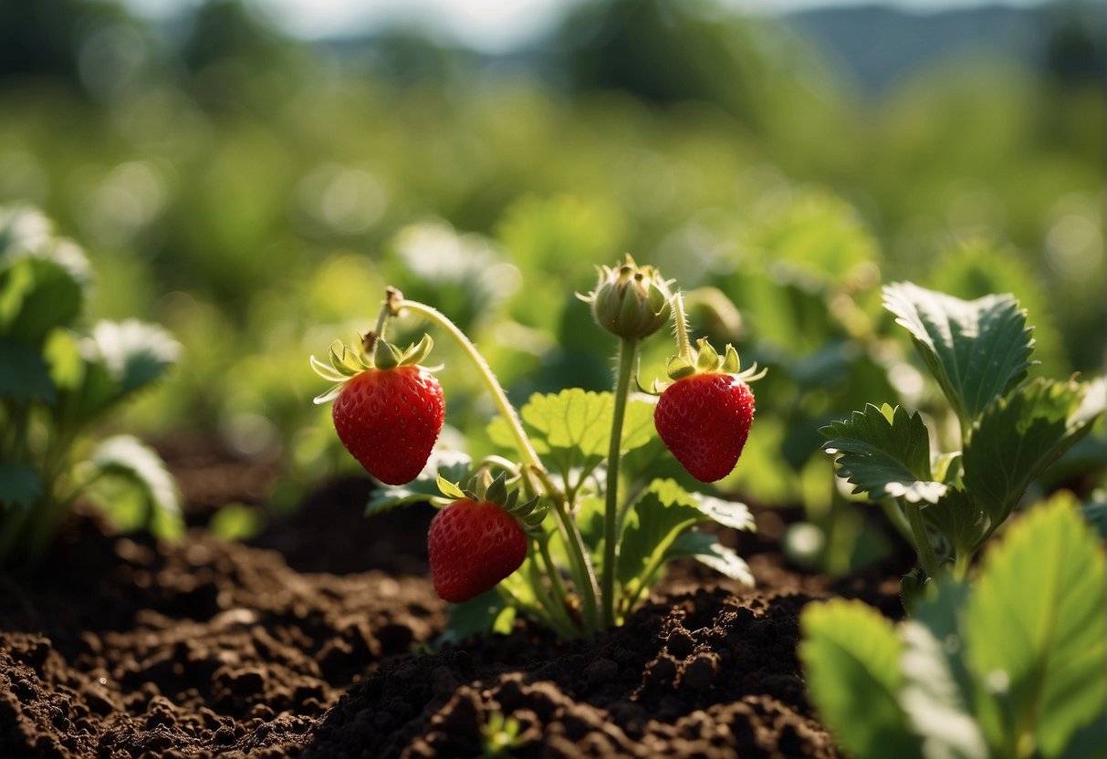 Lush green strawberry plants bask in the warm sunlight, surrounded by rich, dark soil. Ripe, juicy strawberries hang from the vines, glistening in the sun