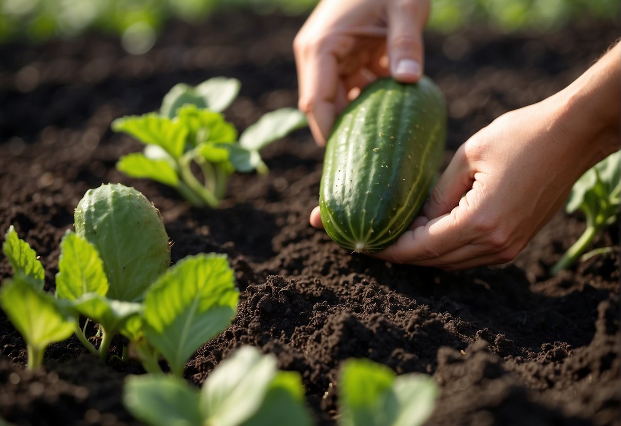 Cucumbers being fertilized with organic compost in a garden bed