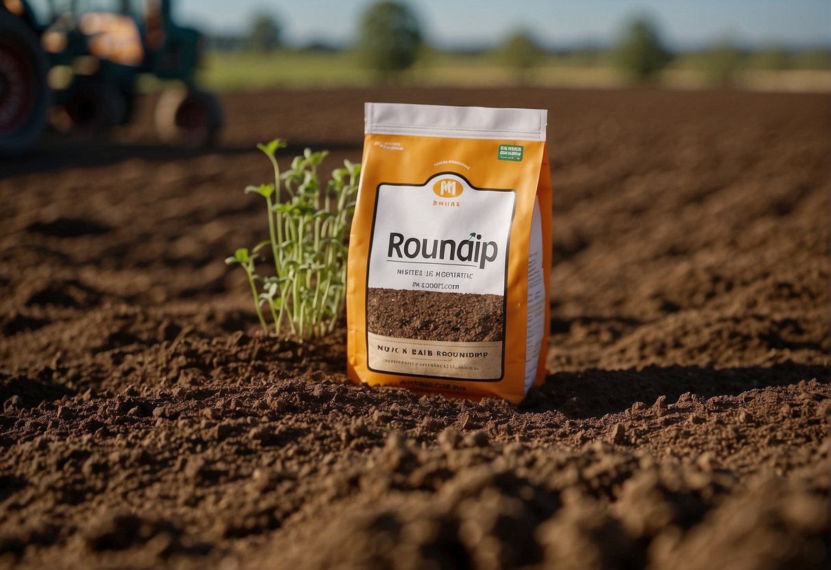 A bag of Roundup sits next to a row of freshly tilled soil. A calendar on the wall shows the current date with a question mark next to it