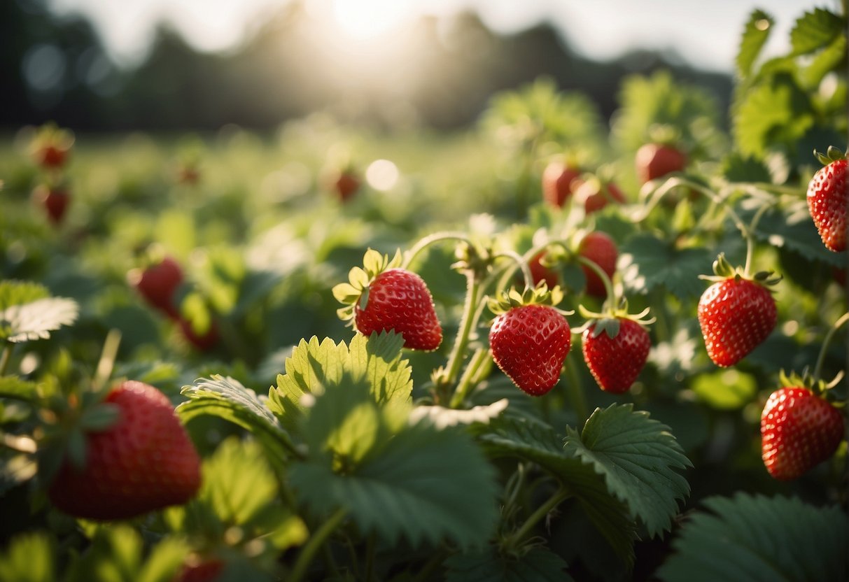 Lush green field with rows of strawberry plants. Sunlight filters through the leaves. Bees buzz around the blossoms. Red, ripe strawberries hang from the vines