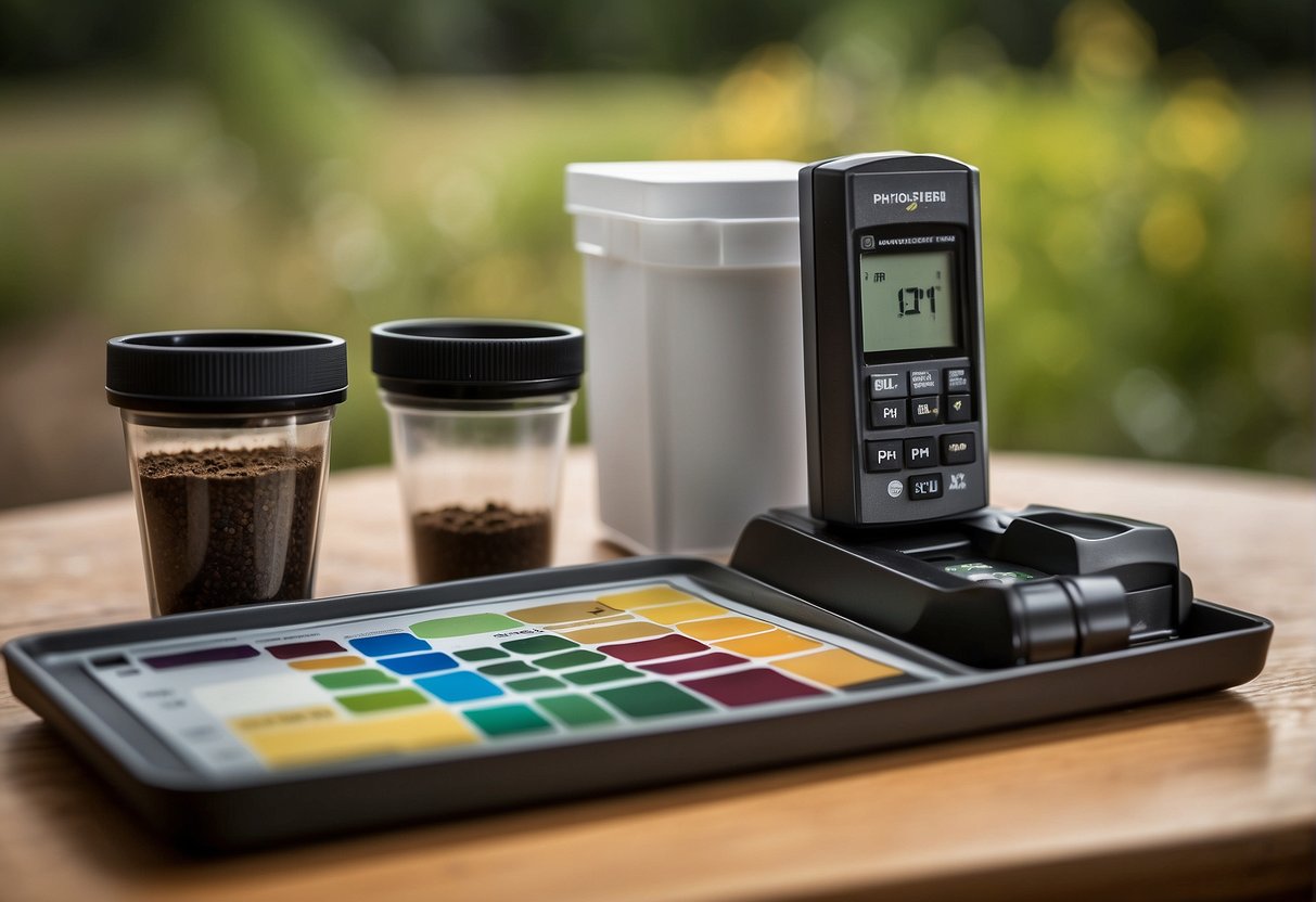A soil pH testing kit sits open on a table, with a small sample of soil in a container next to it. A pH meter is inserted into the soil, and a color chart is visible to compare the results