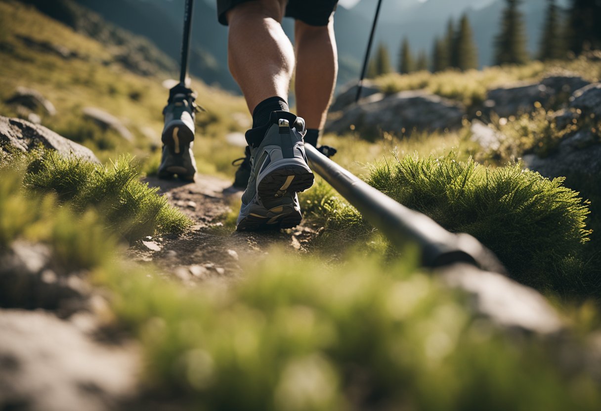 Hiking poles held at proper angles on a mountain trail. User maintains a relaxed grip and uses poles to support weight while walking