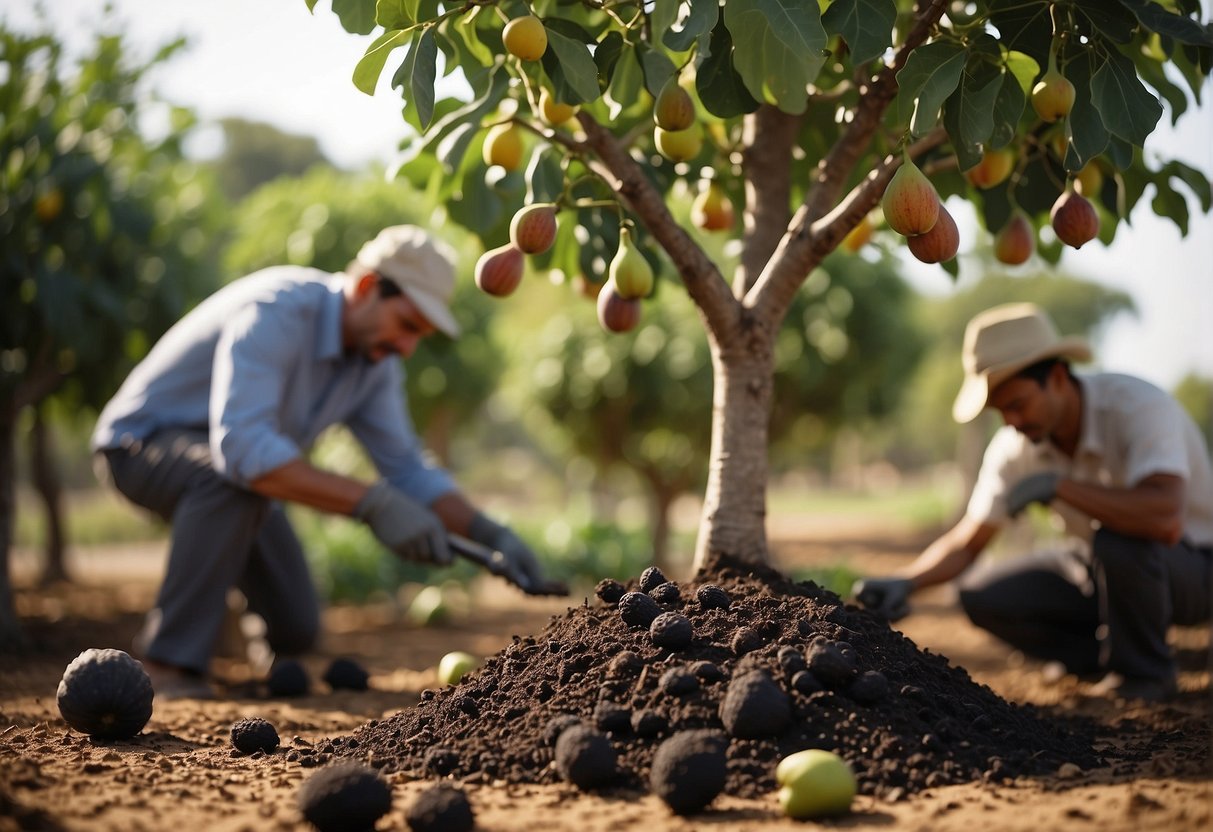 A figure pouring natural fertilizer around the base of a fig tree, while another figure prunes the branches to encourage fruit production