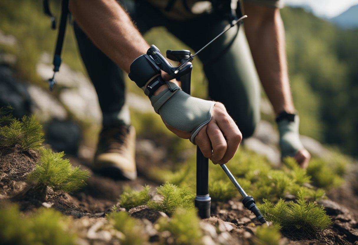 A hiker carefully selects the correct height and grip for their hiking poles, while avoiding common mistakes such as planting them too forcefully or at the wrong angle