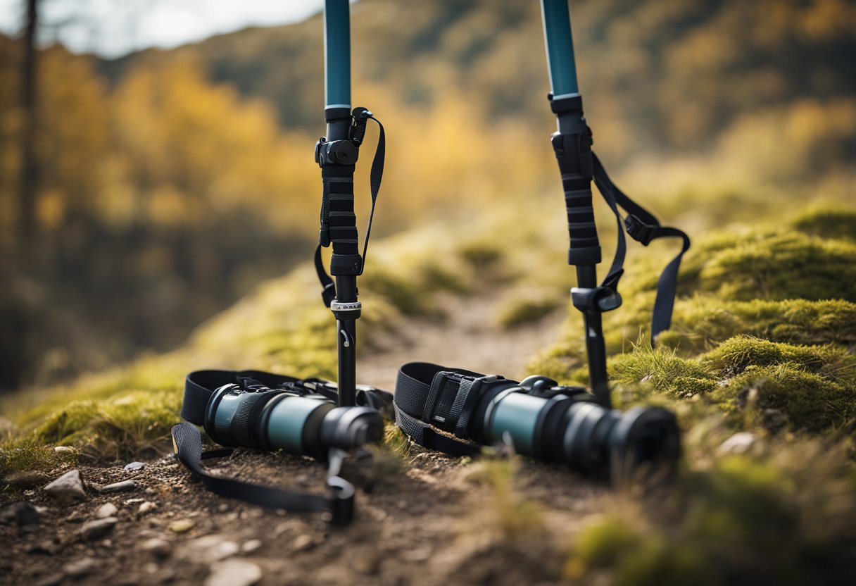 Two hiking poles placed parallel on the ground, with adjustable straps and wrist loops. One pole set at a slightly higher height than the other, ready for use