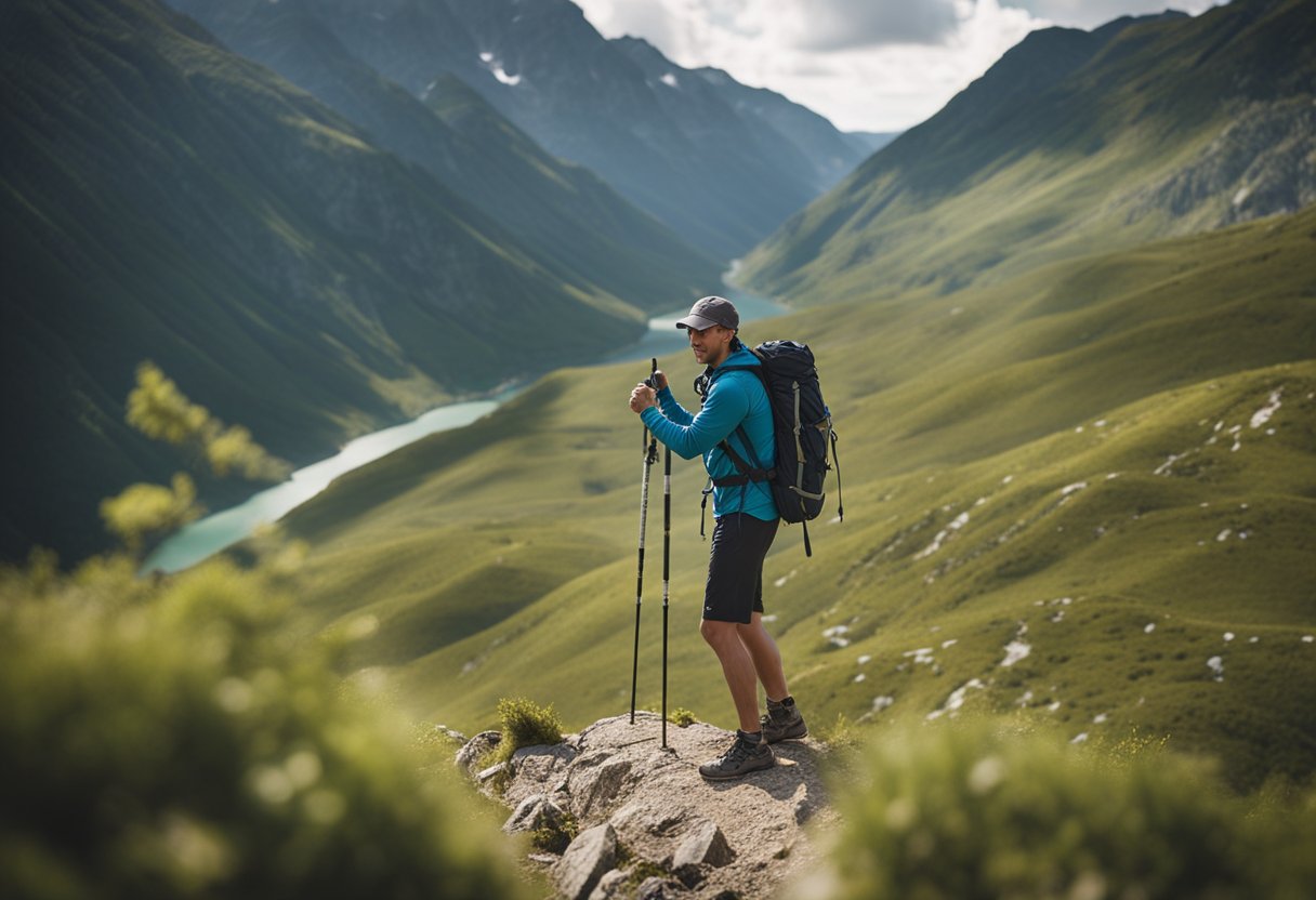 A hiker uses poles to support body weight, keeping arms at a 90-degree angle. Poles are planted slightly ahead, not behind, to avoid strain