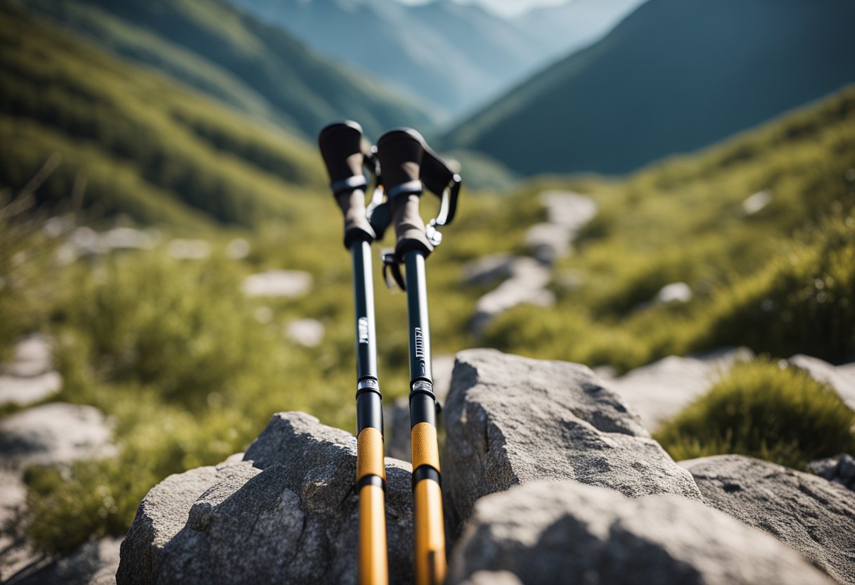 Hiking poles placed strategically on a rocky trail, demonstrating correct usage and avoiding common mistakes