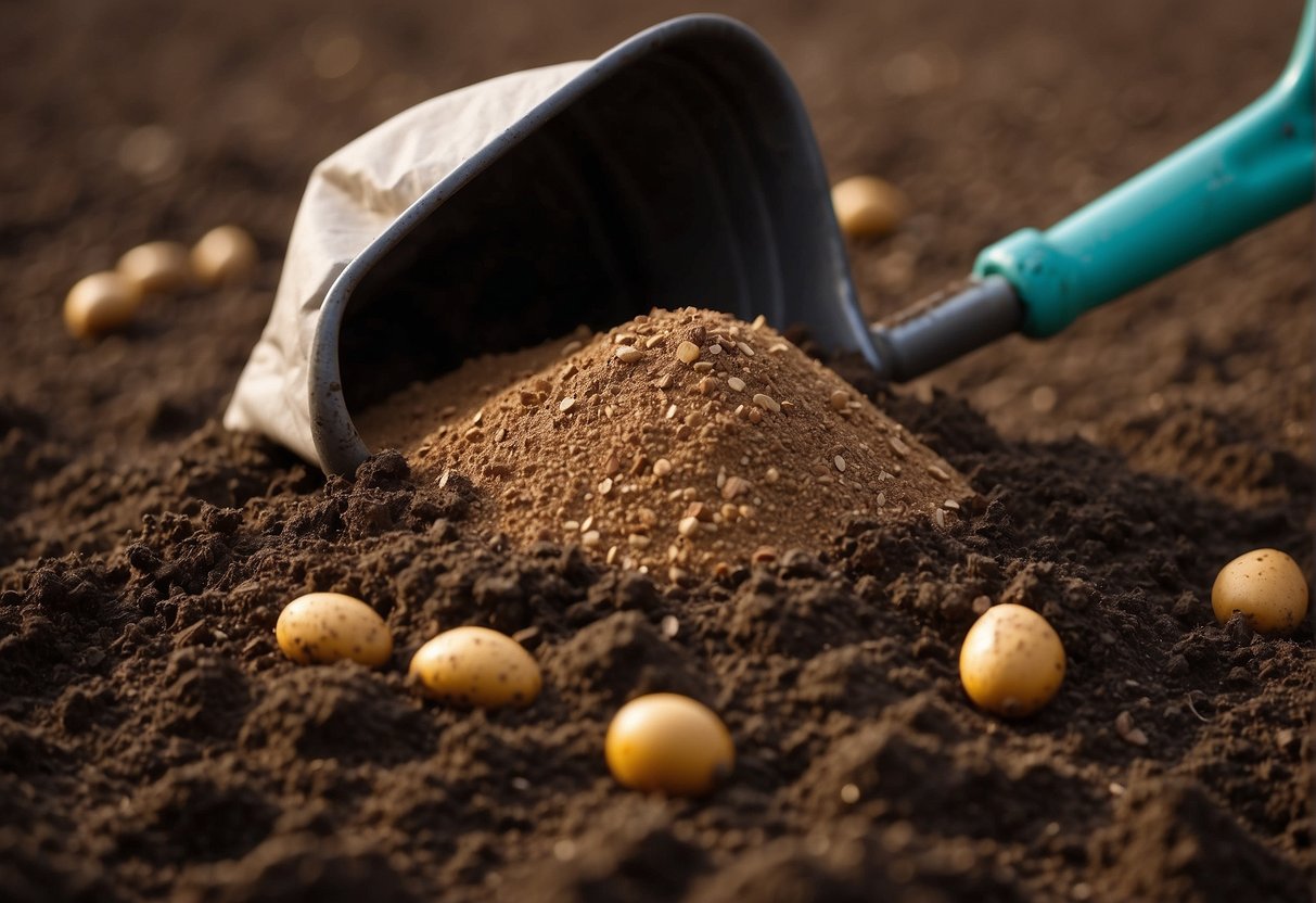 Potassium being spread onto soil from a bag, with a shovel nearby