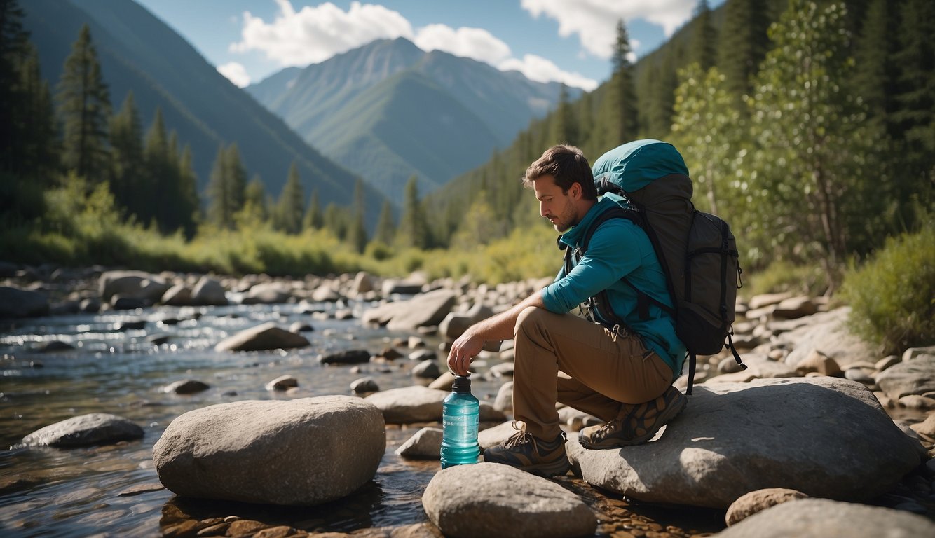 A backpacker compares water filters by a stream, surrounded by trees and mountains. Filters are laid out on a rock, with a backpack and hiking gear nearby