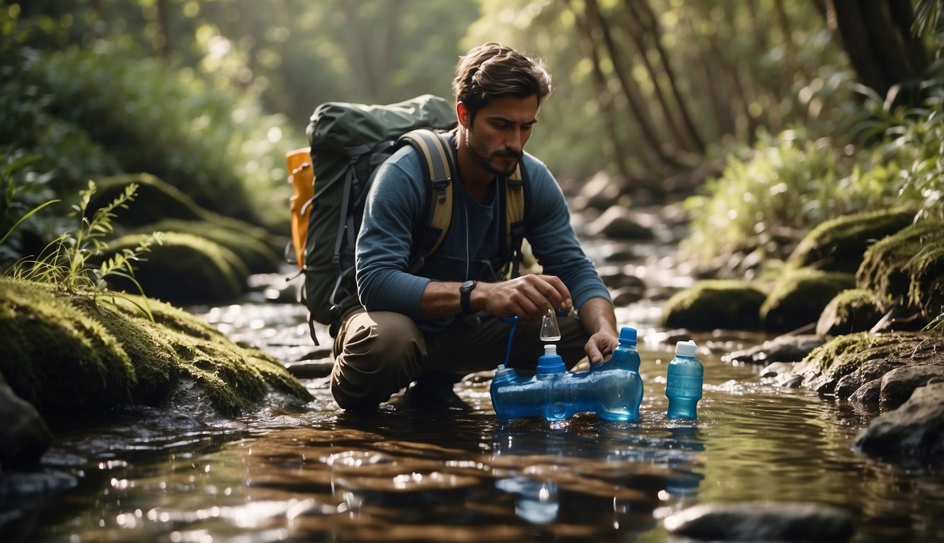 A backpacker fills a water bottle from a contaminated stream, while a variety of water filters are laid out nearby for comparison