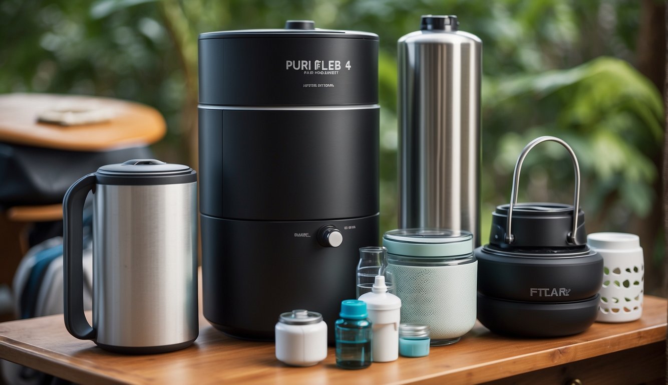 A variety of water filters and purifiers displayed on a table, with backpacking gear in the background. Labels indicate different types and sizes