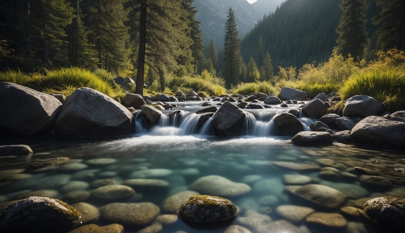 A mountain stream flows through a dense forest, with a backpacker's campsite in the background. A water filter is set up next to a clear, bubbling pool, while purification tablets and a UV light are laid out on a rock nearby