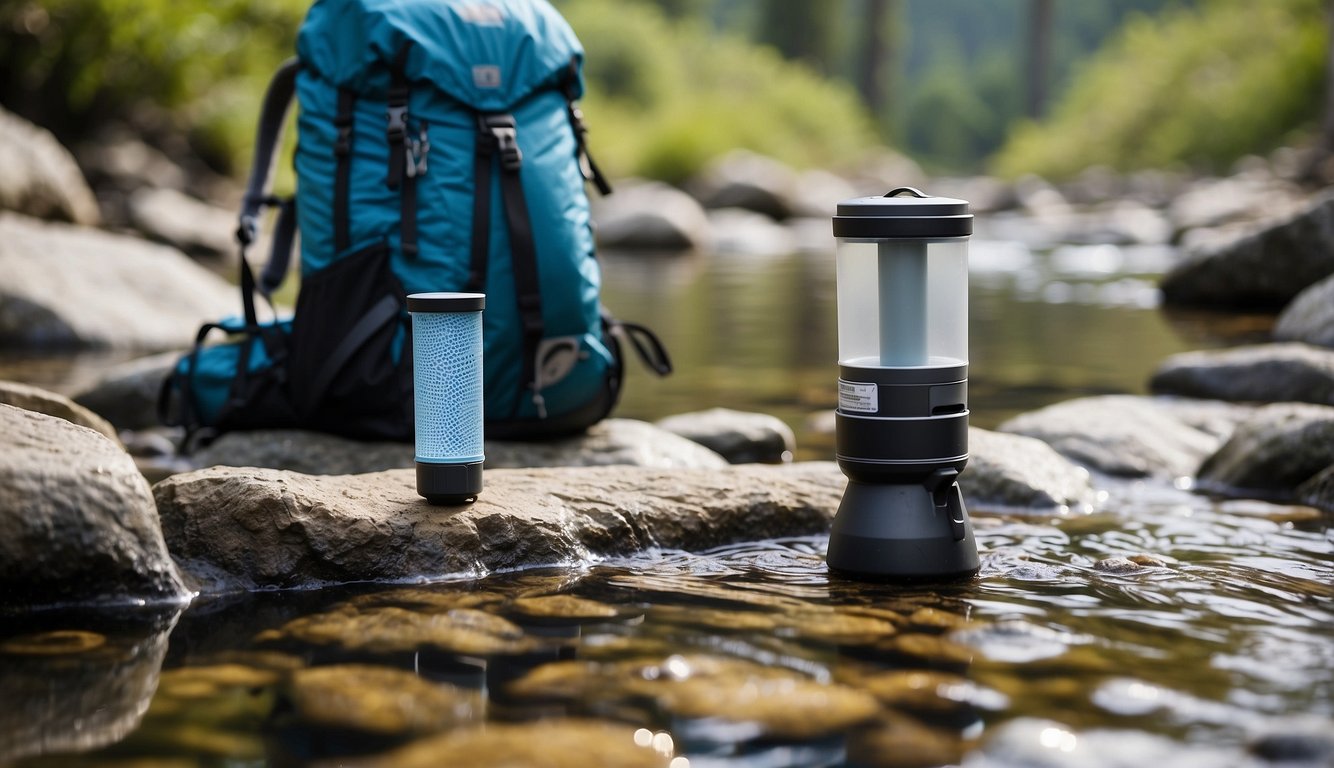 A backpacking water filter being tested in a clear mountain stream, with a hiker's backpack and camping gear in the background